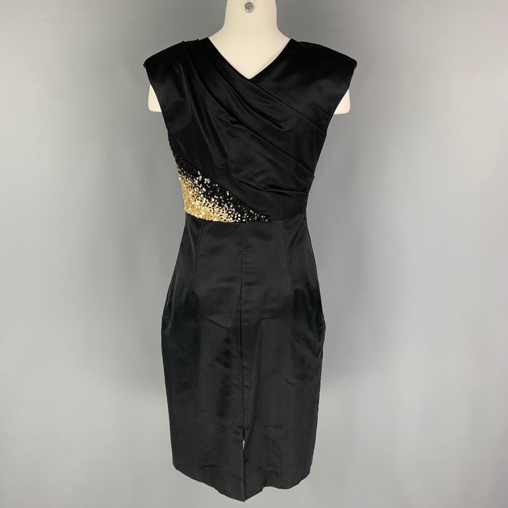 MONIQUE LHUILLIER Size 4 Black Gold Silk Rayon Sequined Cocktail Dress - Picture 4 of 7